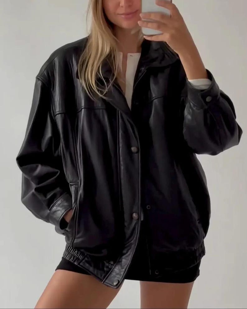 90's Style Women Oversized Bomber Leather Jacket, Ladies Black Leather Jacket, Women's Bomber Jacket, Gift for Her, Christmas Jacket Gift