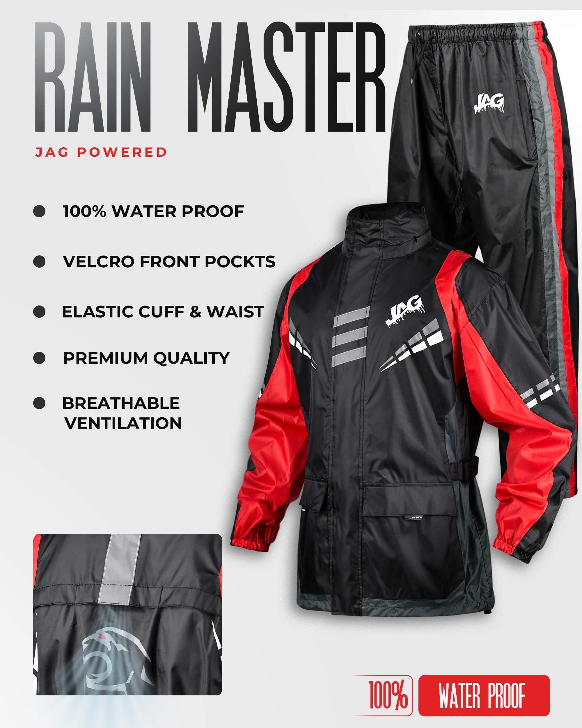 JAG Rainmaster Rain Suit for Men & Women (Black Red)