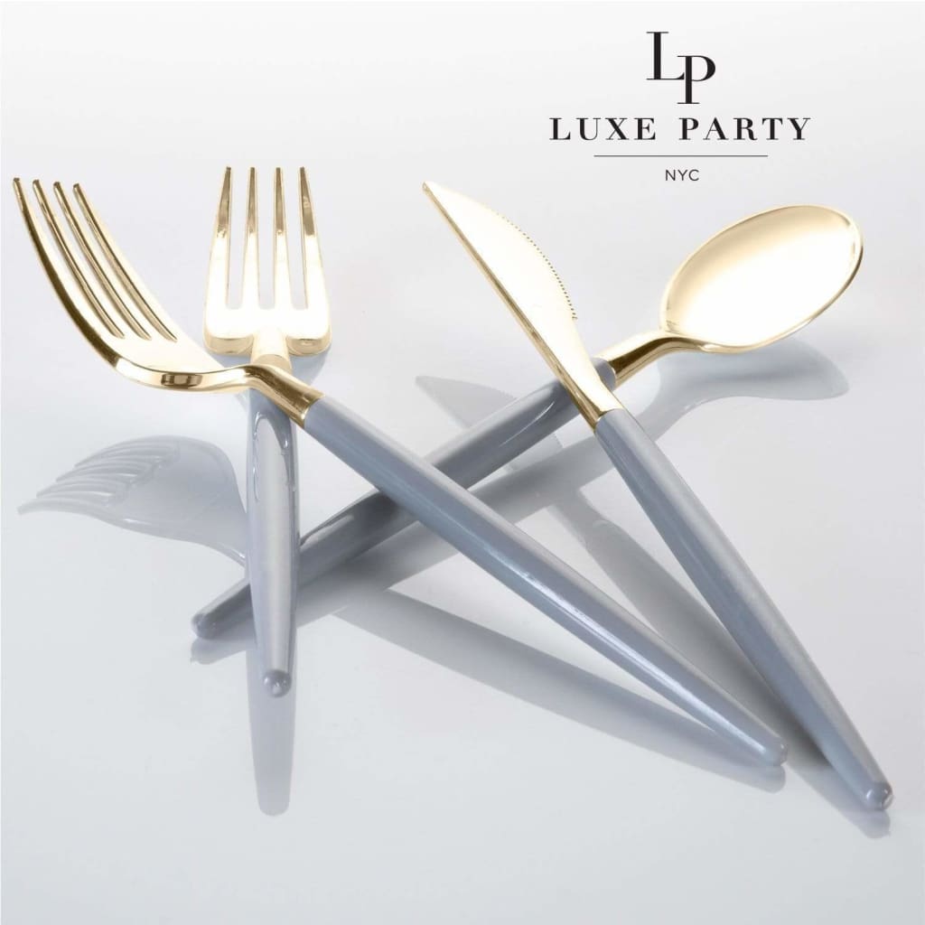 Grey • Gold Plastic Cutlery Set | 32 Pieces