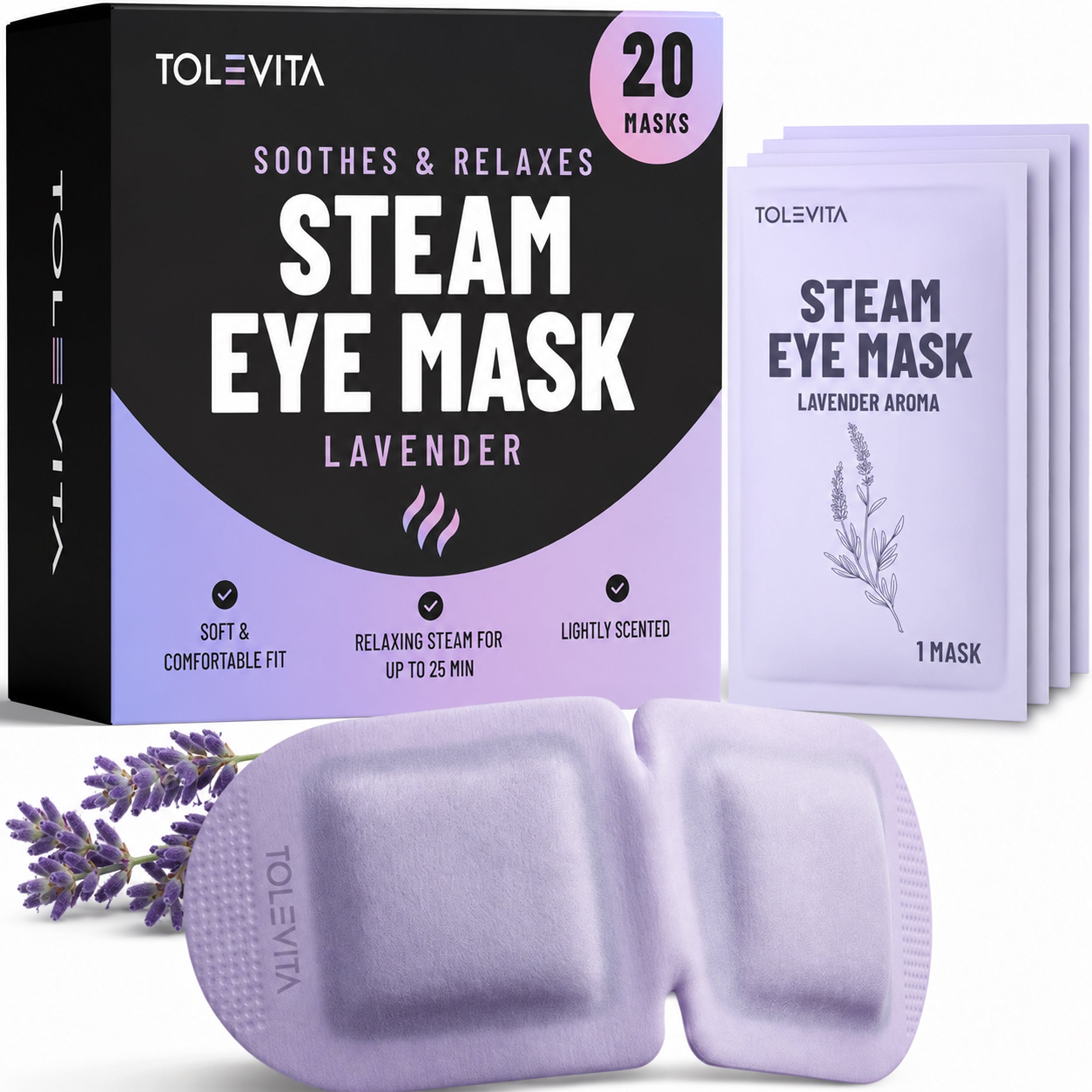 Steam Eye Mask, Self-Heating & Soothing Eye Mask for Relaxation & Eye Fatigue Relief with Lavender, Mint, Jasmine & Chamomile, 20 Masks