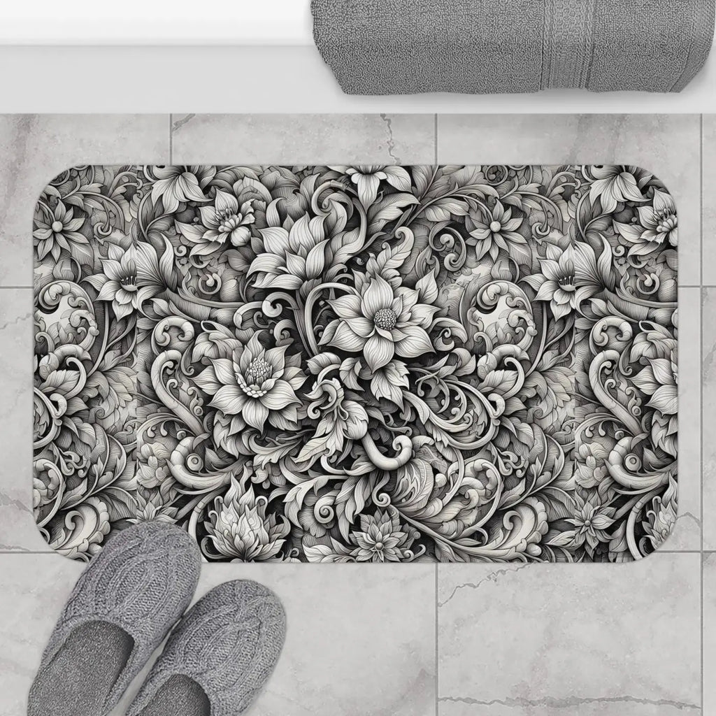 Floral Bath Mat - Monochromatic Large Design Anti-Slip - DipaliZ