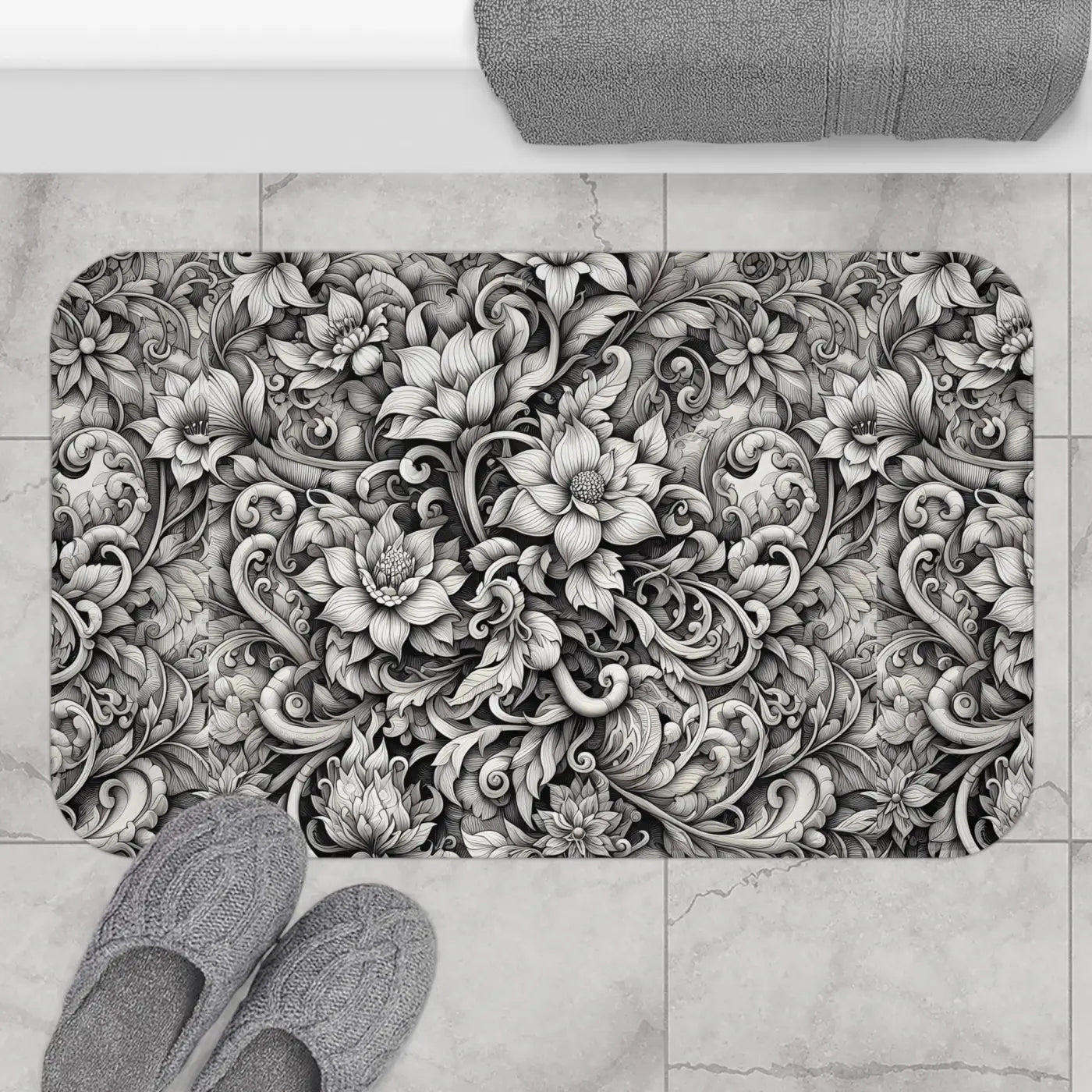 Floral Bath Mat - Monochromatic Large Design Anti-Slip - DipaliZ