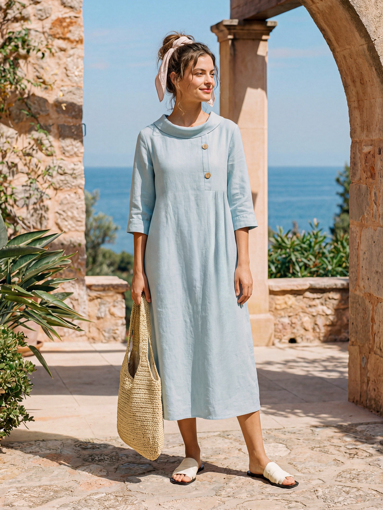 100% Linen Rolled Collar Asymmetric Button Maxi Dress ELARAINE