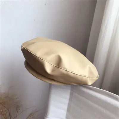 Large Black PU Leather Beret Hat for Painters