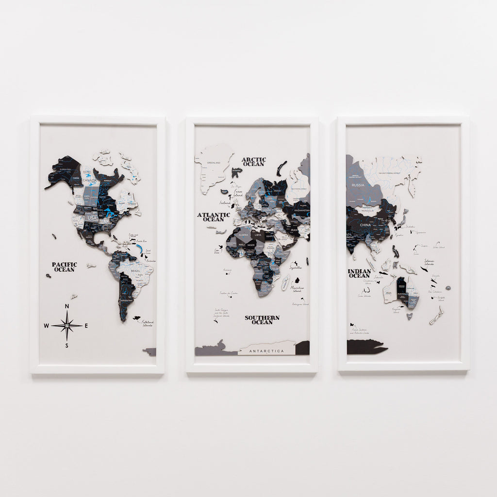 Triptych Wall Art - Wooden World Map (Nordik)