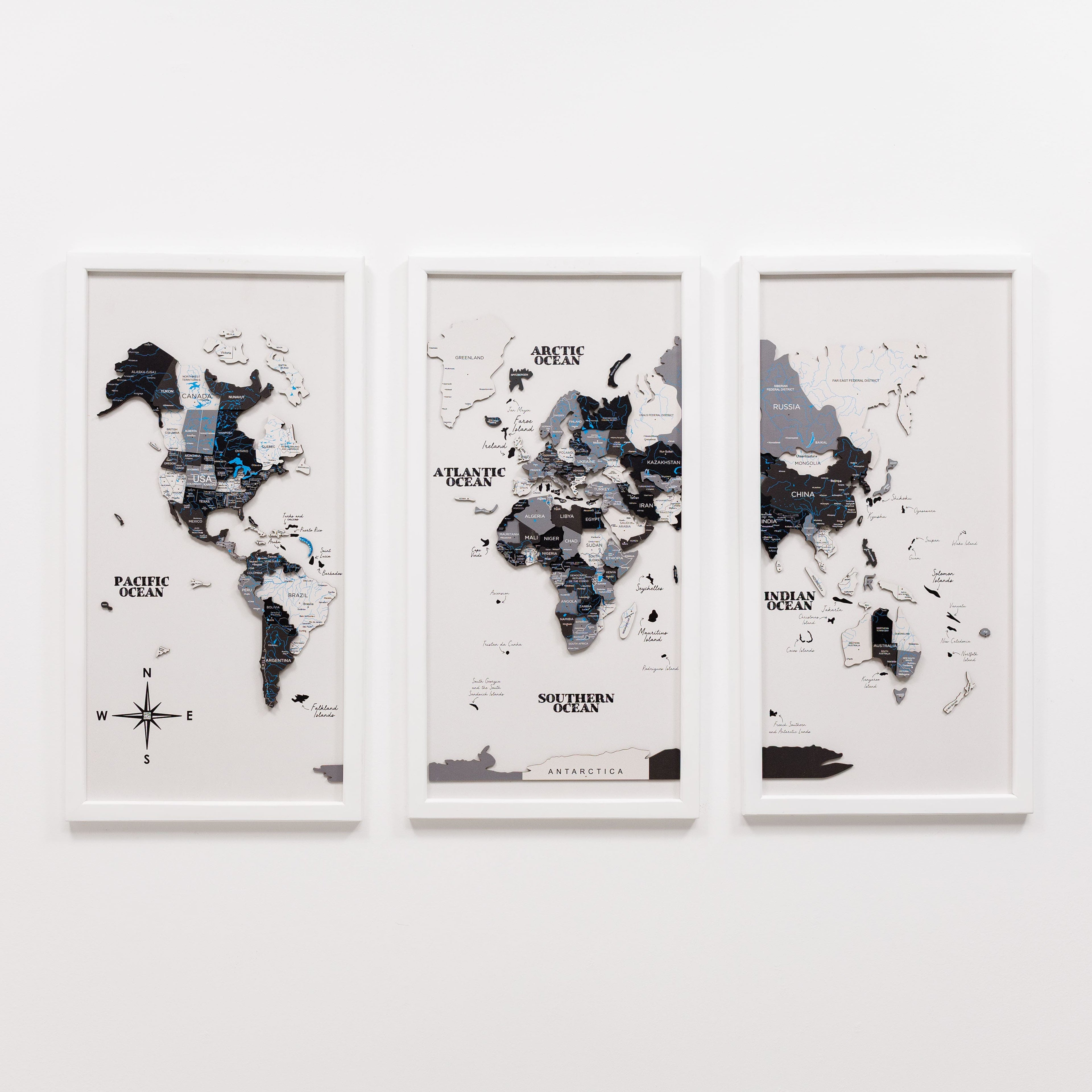 Triptych Wall Art - Wooden World Map (Nordik)