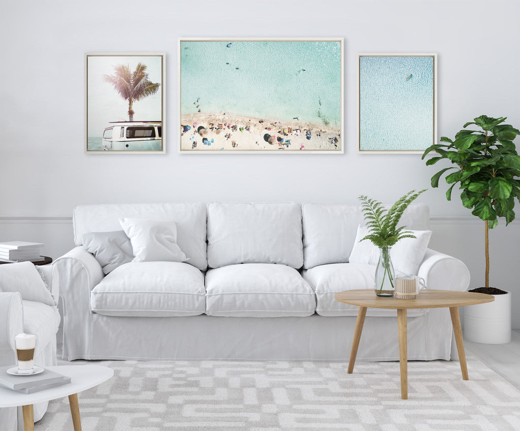 Sylvie Turquoise Beach from Above 2, Blue Beach Van and Woman Floating Framed Canvas by Amy Peterson Art Studio