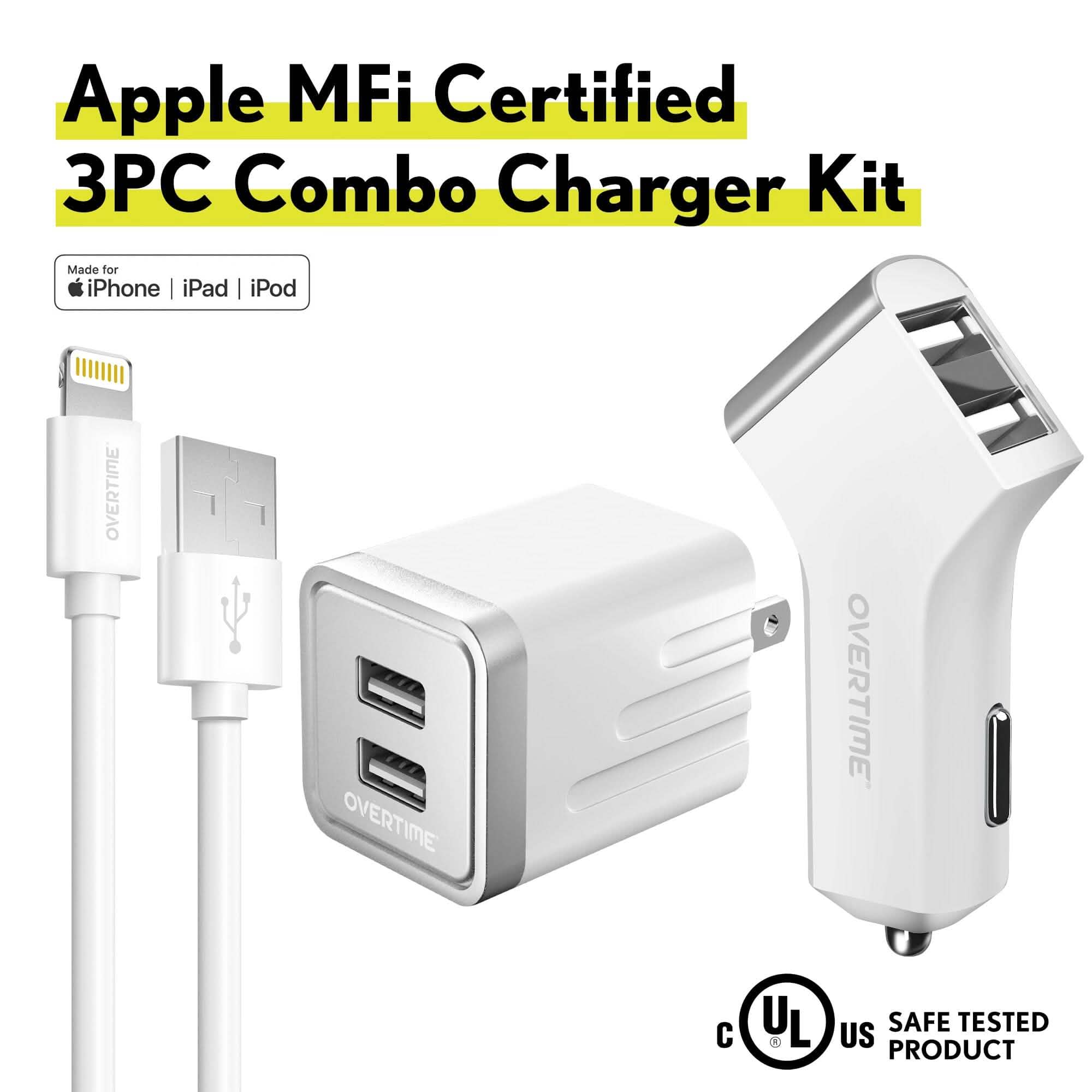 Overtime Home and Car Complete Charging Kit: Fast Wall & Car Chargers + Durable Lightning Cable