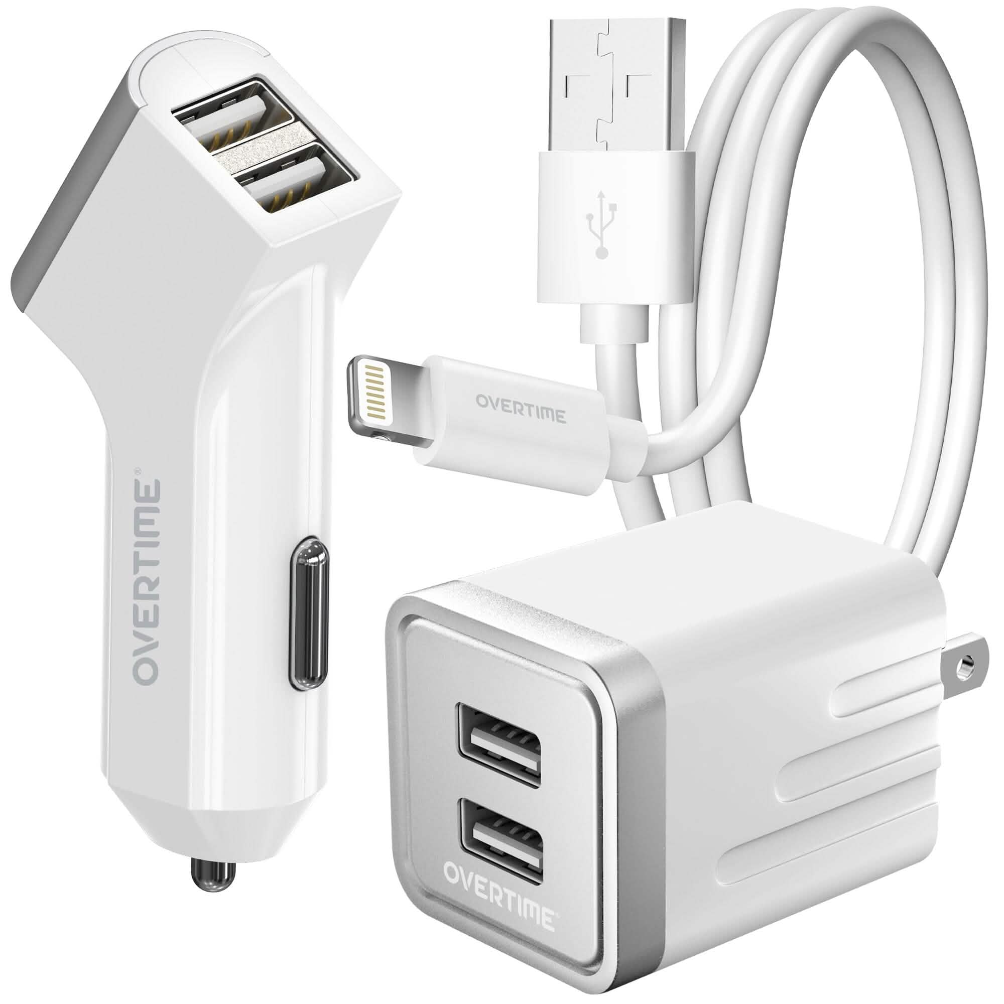 Overtime Home and Car Complete Charging Kit: Fast Wall & Car Chargers + Durable Lightning Cable