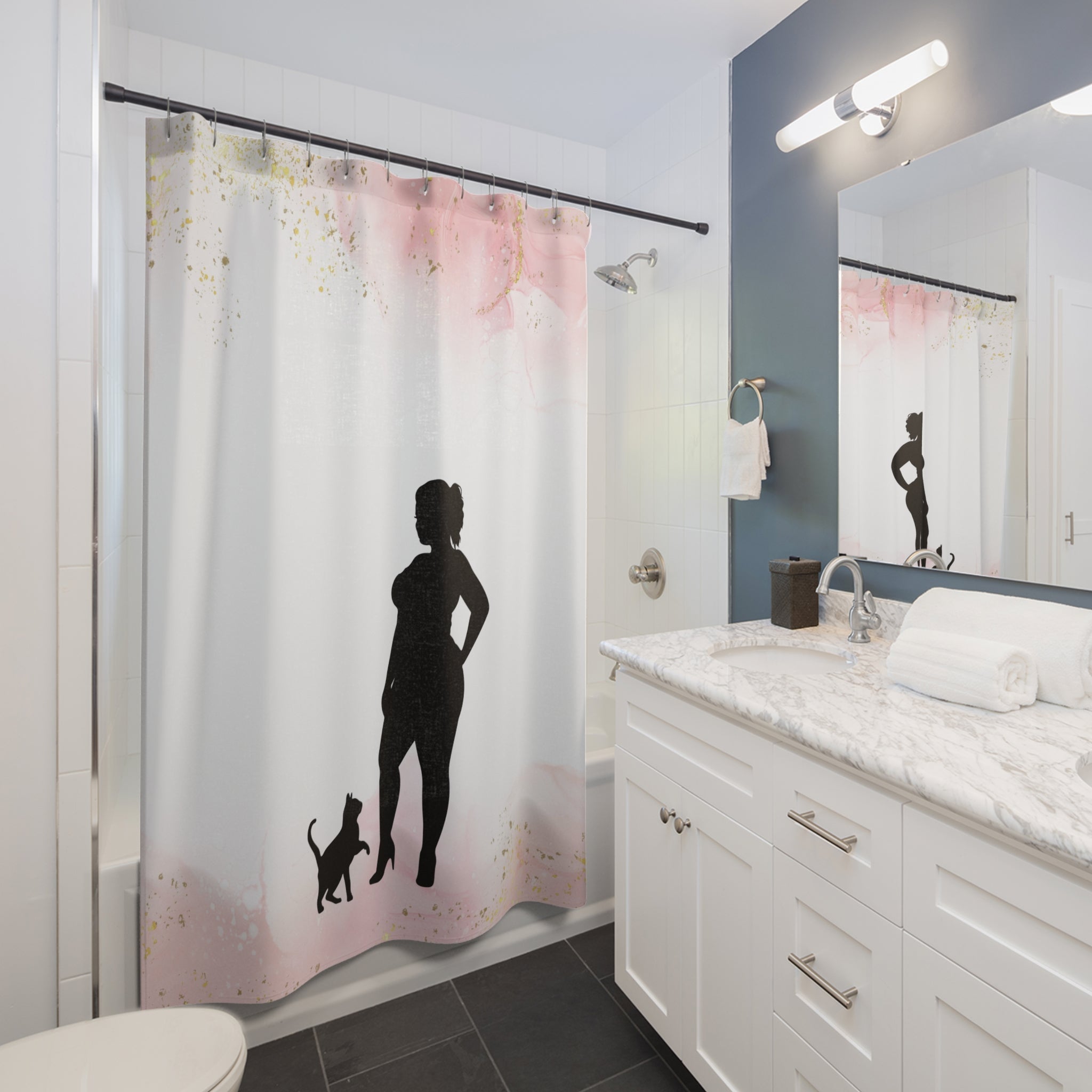 Pink & White Cat Lady Shower Curtains