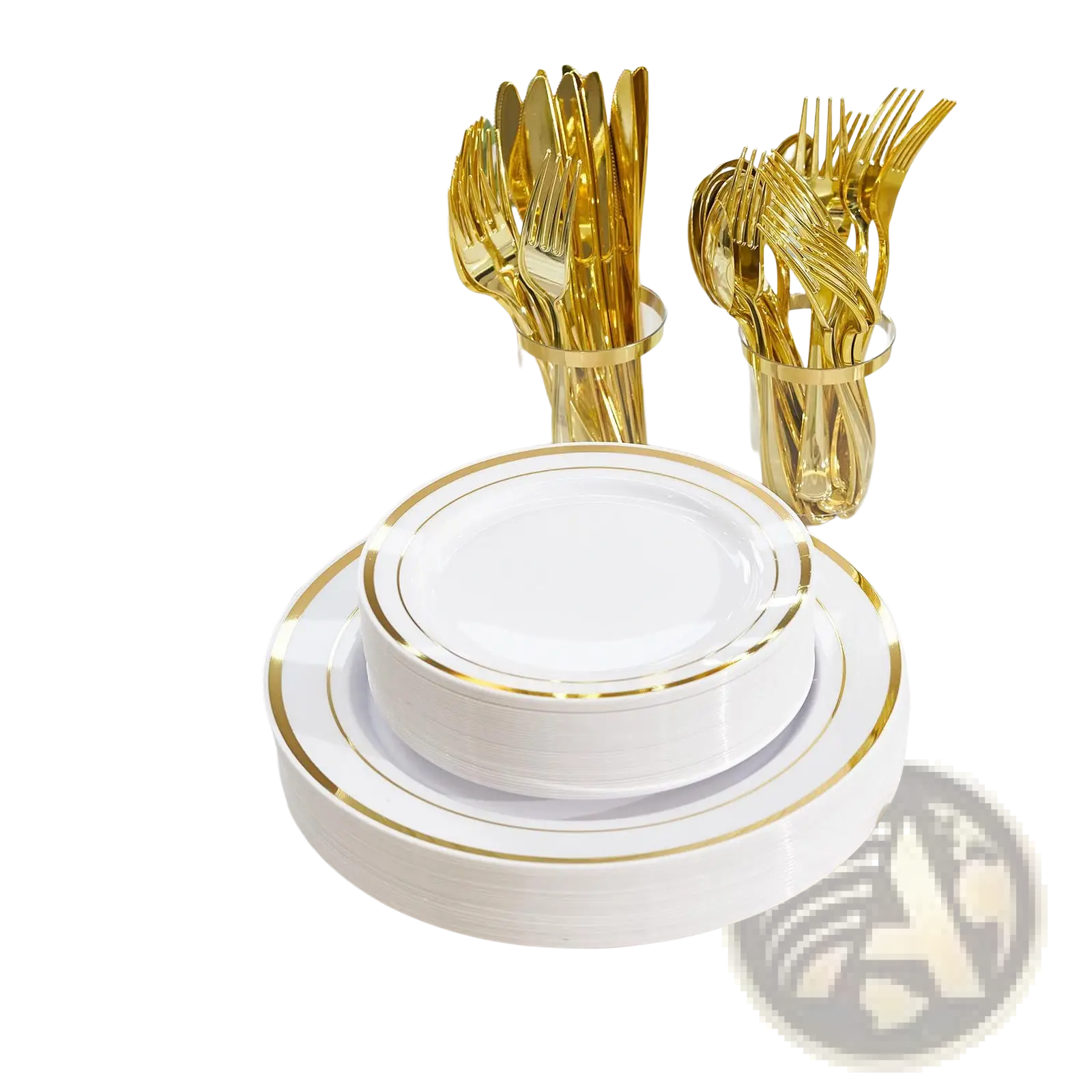 Plastic Tableware Set with Gold Rim Plates for 50 Guests