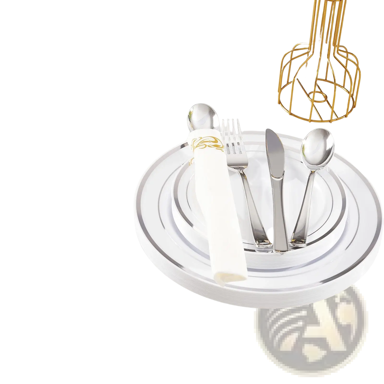 Plastic Tableware Set with Gold Rim Plates for 50 Guests