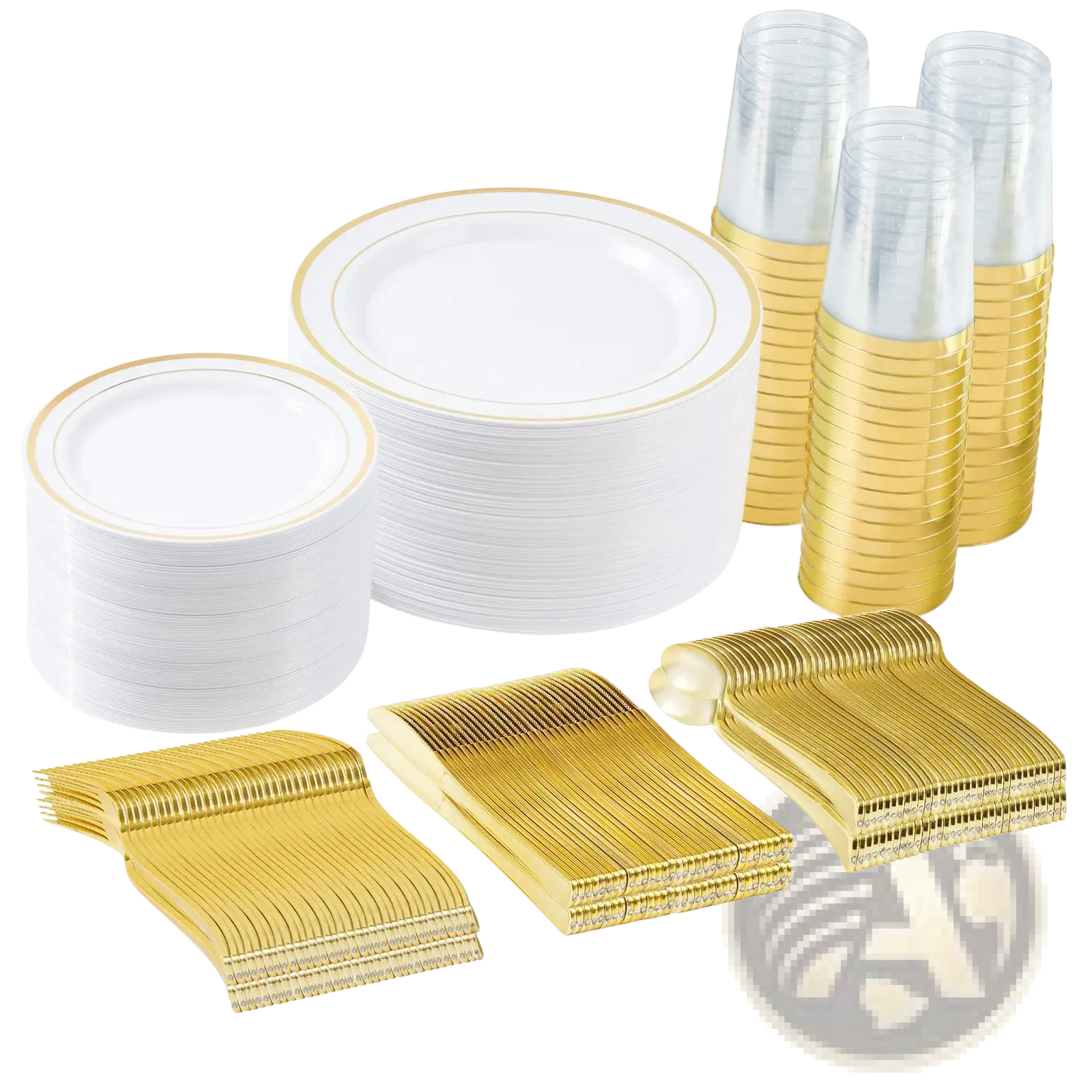 Plastic Tableware Set with Gold Rim Plates for 50 Guests