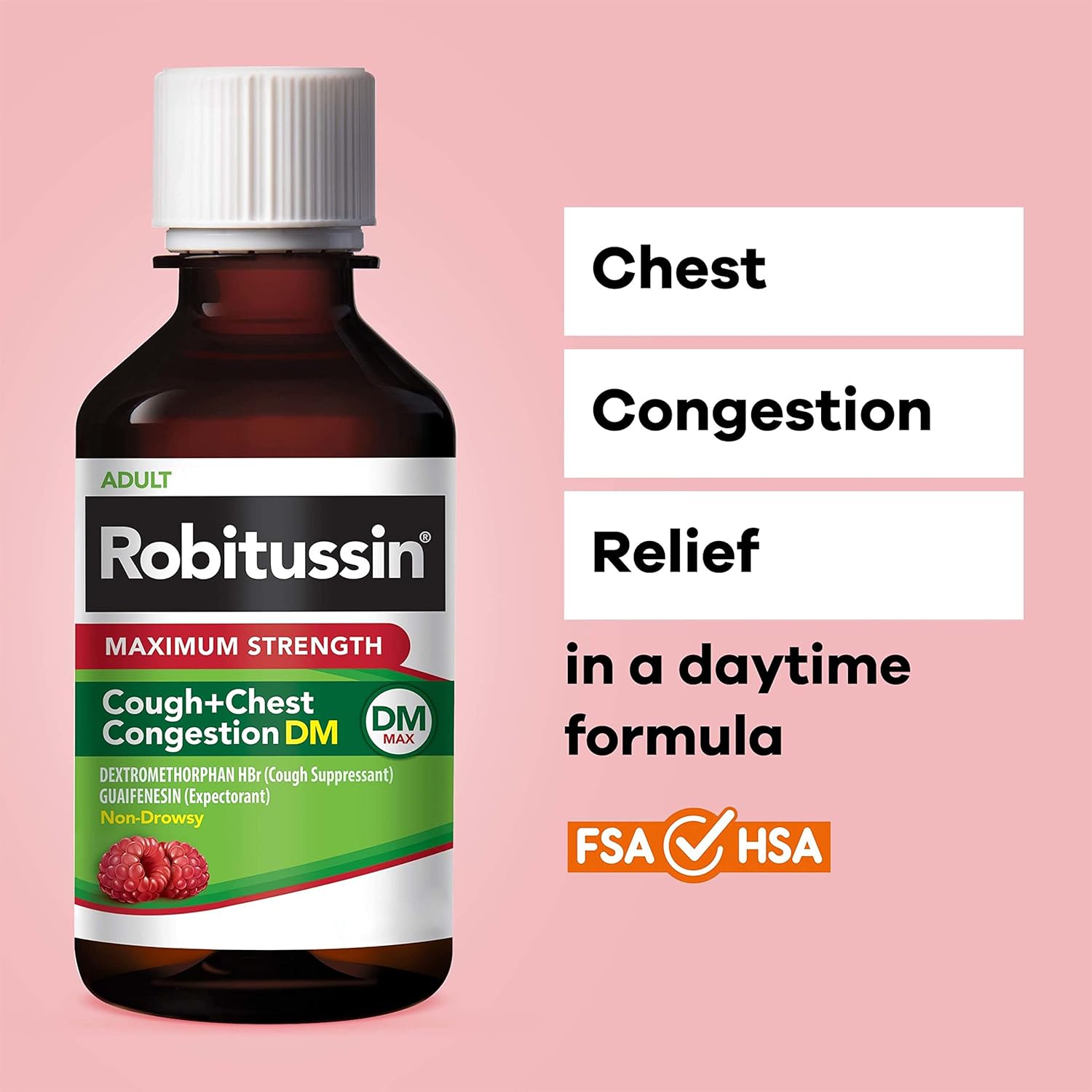 Robitussin Adult Cough + Chest Congestion DM, Maximum Strength, Rasberry Flavor