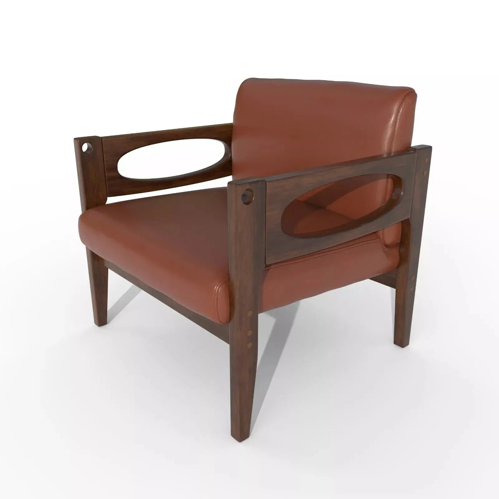 Brown Leather Mid Century Accent Armchair