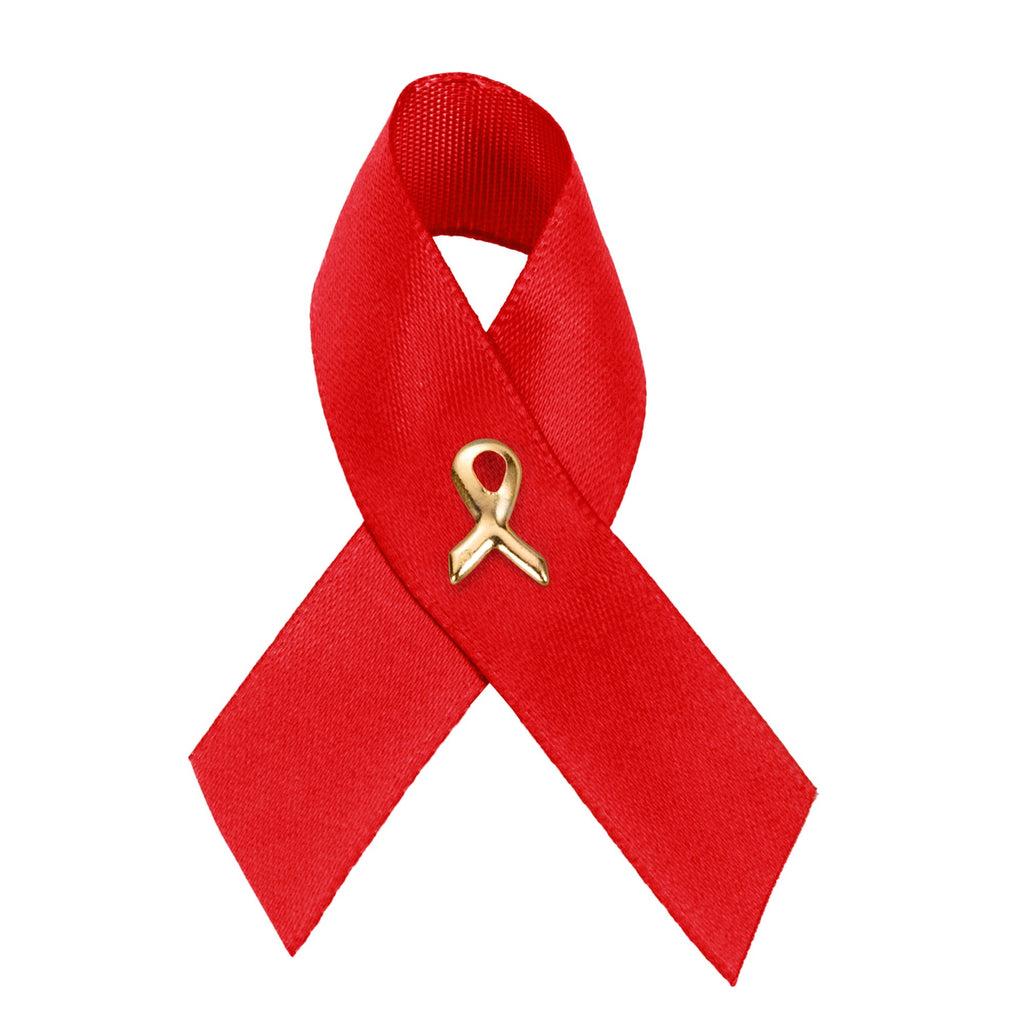 10 Pack Satin Red Ribbon Awareness Pins