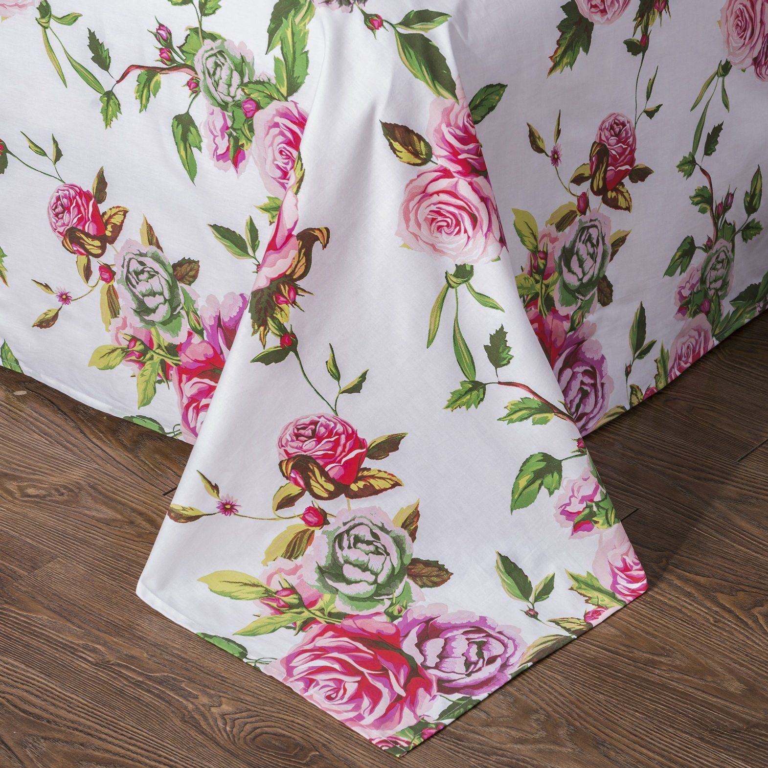 DaDa Bedding Romantic Roses Lovely Spring Pink Floral Garden Fitted & Flat Bed Sheet Set w/ Pillow Cases (JHW879)