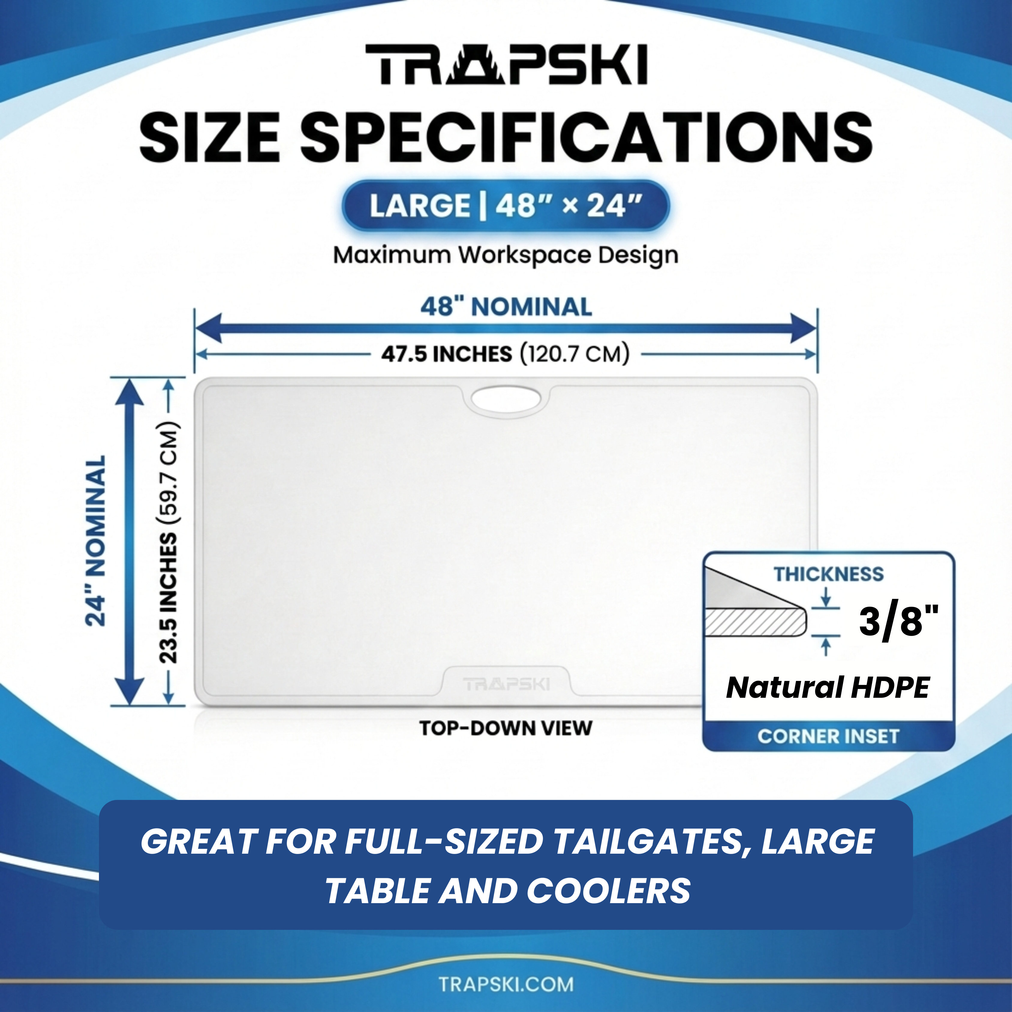 Big Game Cutting Chopping Board 3/8 Inch Thick | Food-Grade HDPE Optional Non-Skid Rubber Feet, Wide Juice Groove | 32 or 48 in x 18 in or 24 in for Tailgates, Coolers and Tables | Easy Grip Handle