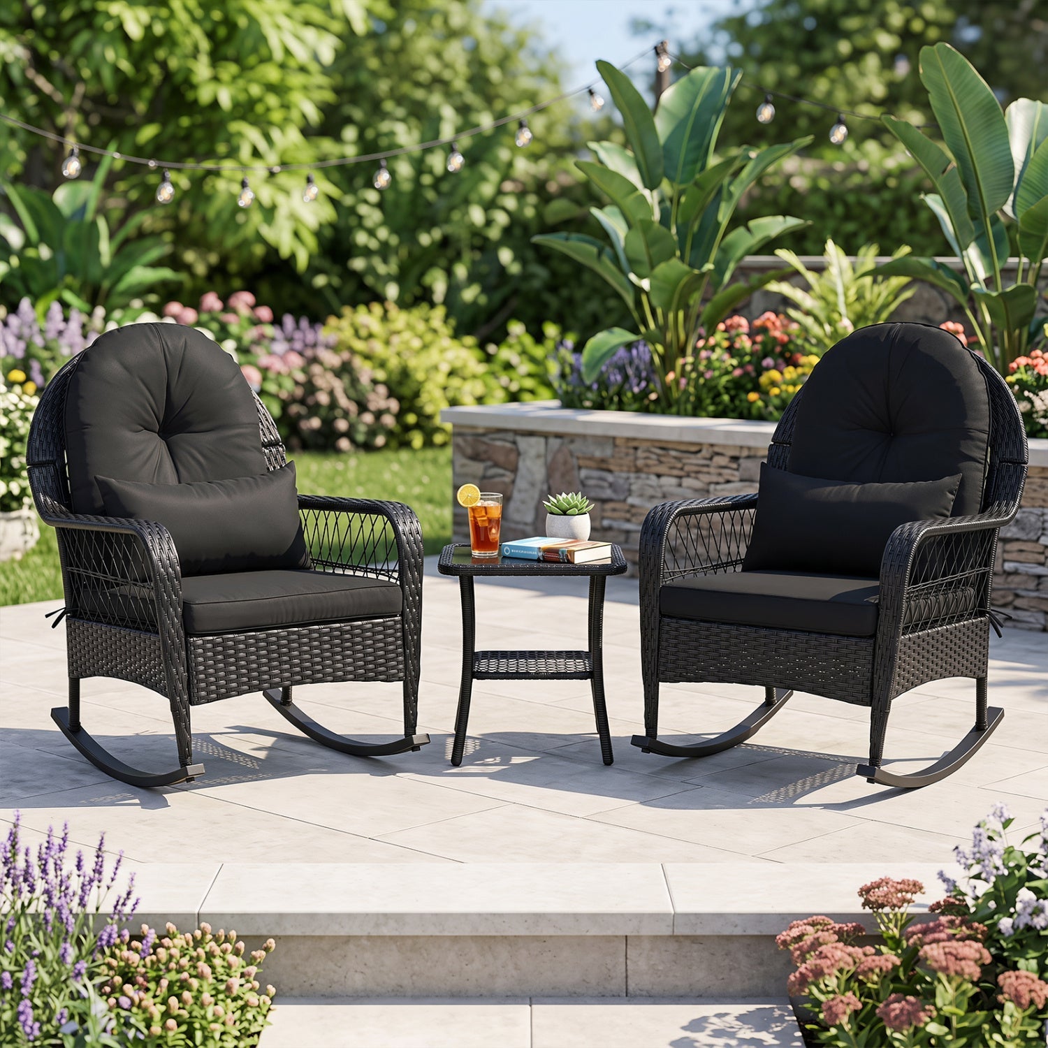 Outdoor Wicker Rocking Chair with Cushions and Anti-Tip Stoppers