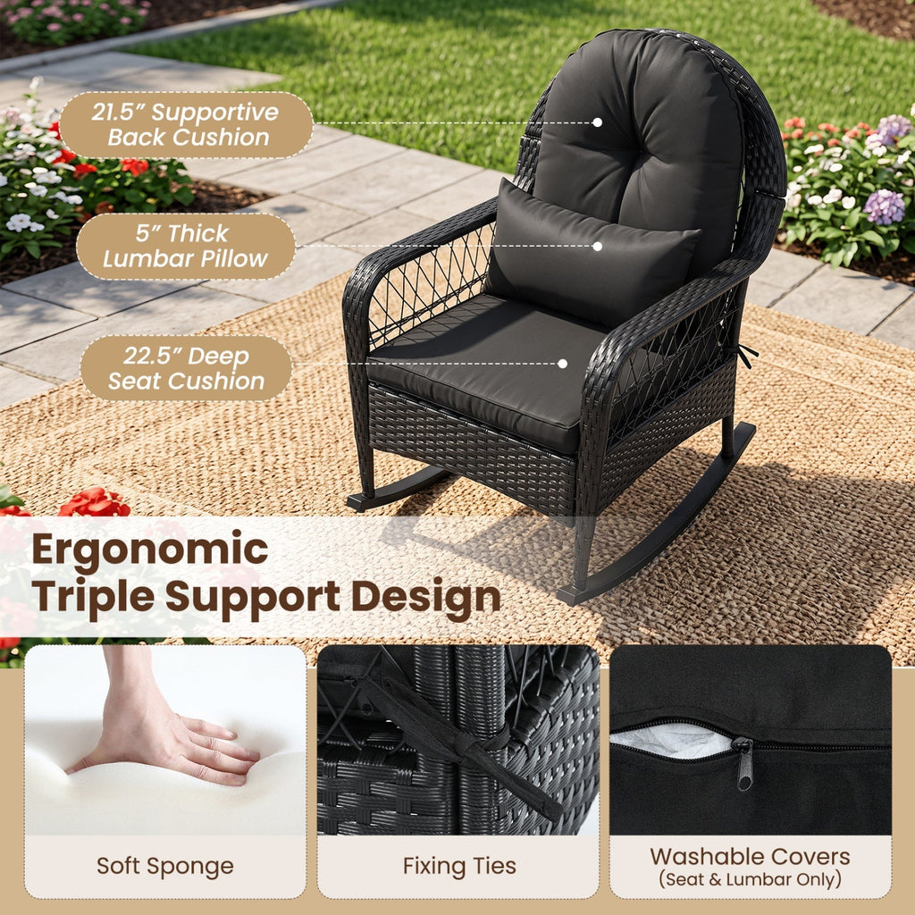 Outdoor Wicker Rocking Chair with Cushions and Anti-Tip Stoppers