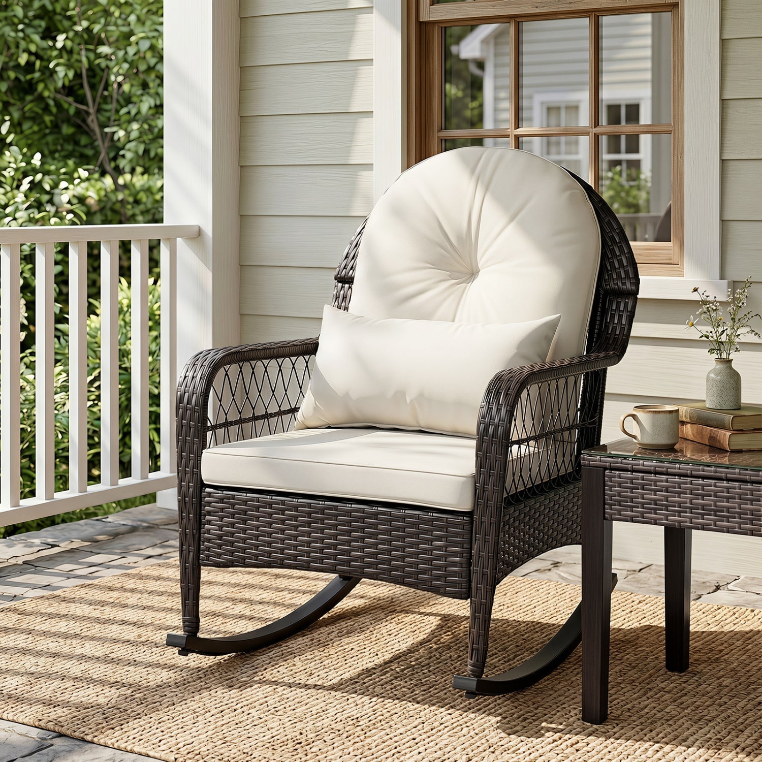 Outdoor Wicker Rocking Chair with Cushions - 400 LBS Capacity
