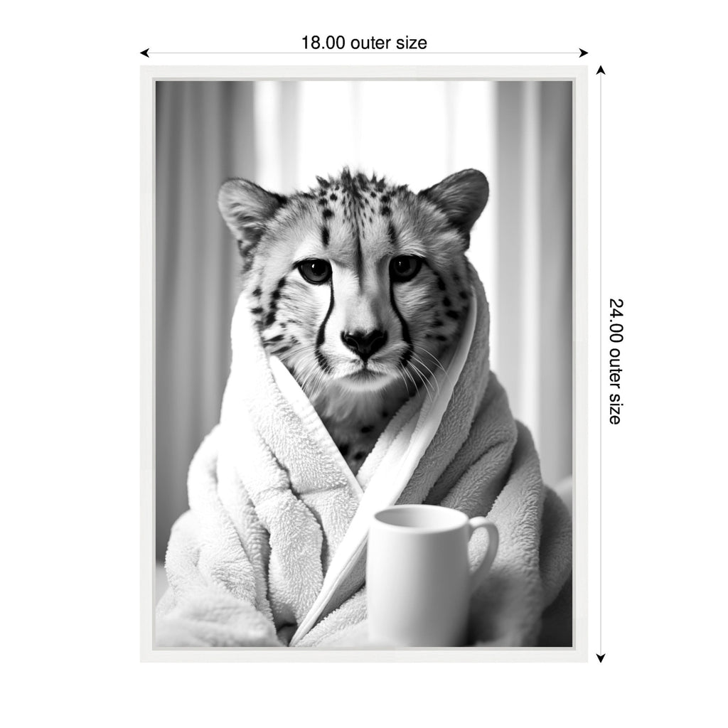 Sylvie Cheetah Bathroom Art Towel Robe Black and White Framed Canvas by The Creative Bunch Studio